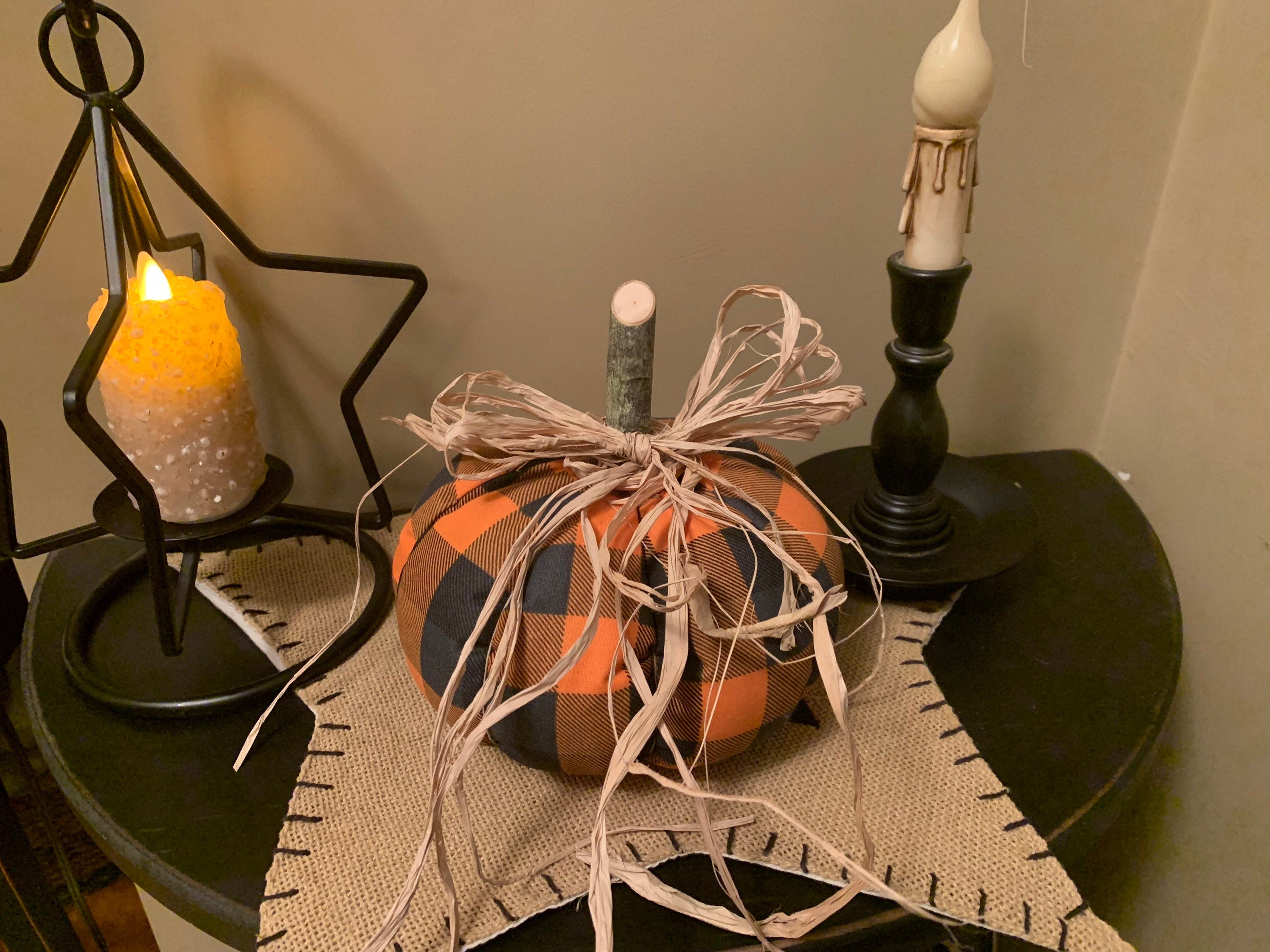 Orange & Black Plaid Fabric Pumpkin ! NEW