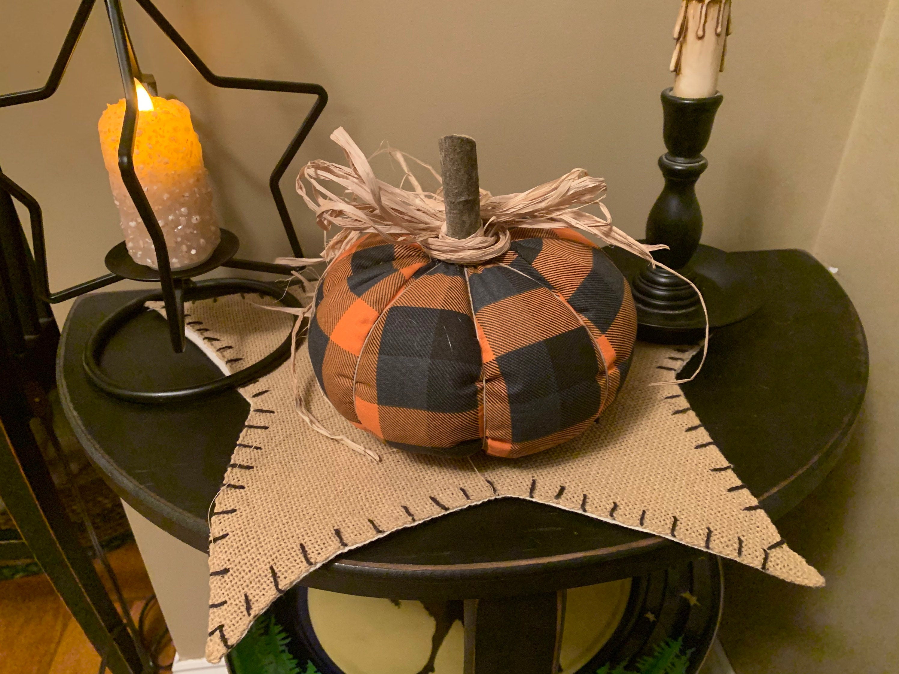 Orange & Black Plaid Fabric Pumpkin ! NEW
