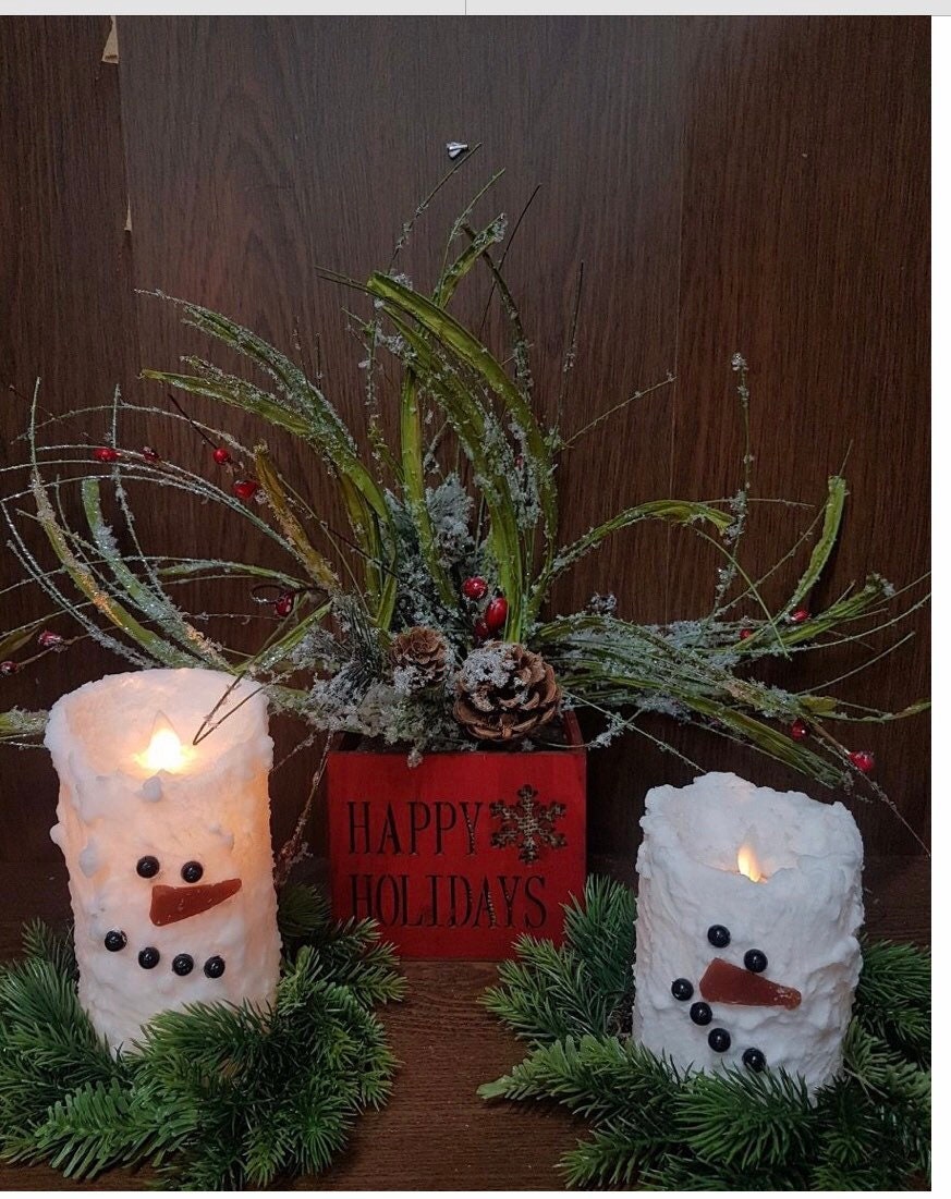 Snowman Bumpy White Moving Flame Timer LED Candle 3in by 7”or 3in by 5”NEW