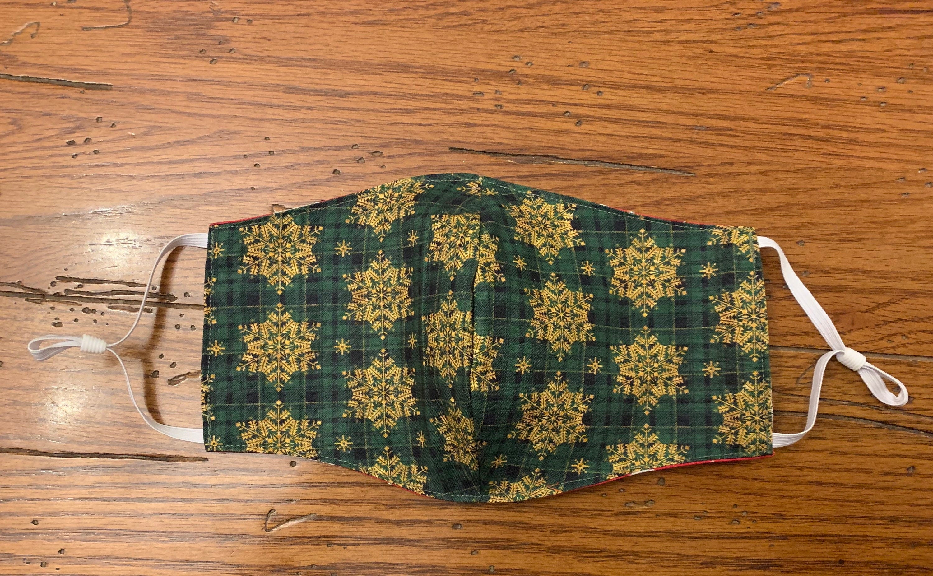 Snowflake Gold/Green adjustable Face Mask Reversible & Washable! NEW