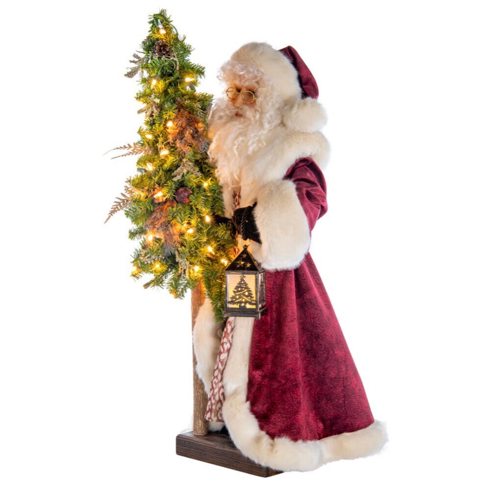 Plum Wine Holiday White Santa with Tree, 29”