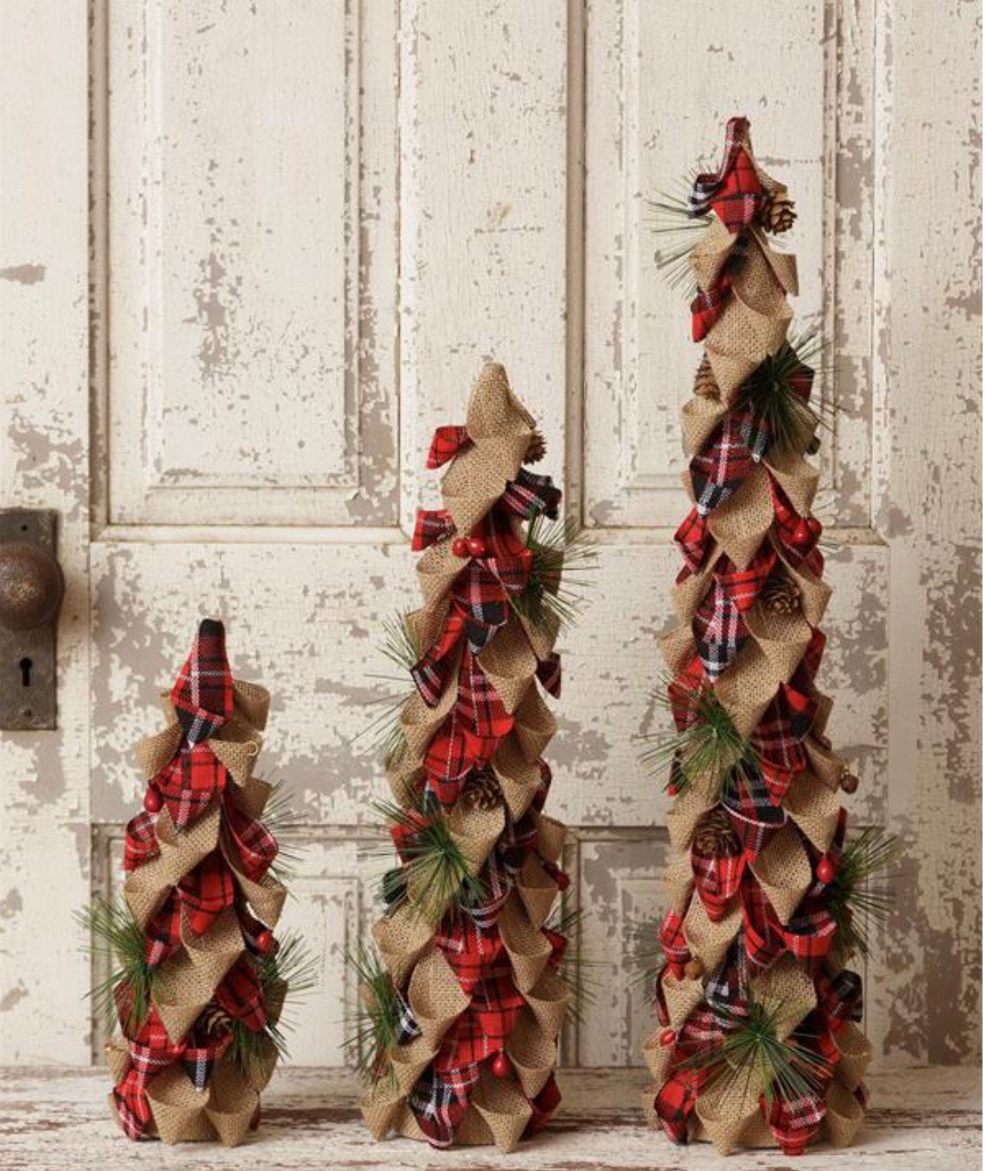 Burlap And Red Plaid Christmas Trees! Set of 3!