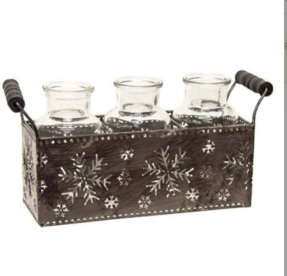 Snowflake Metal Basket With 3 Glass Bottles! NEW