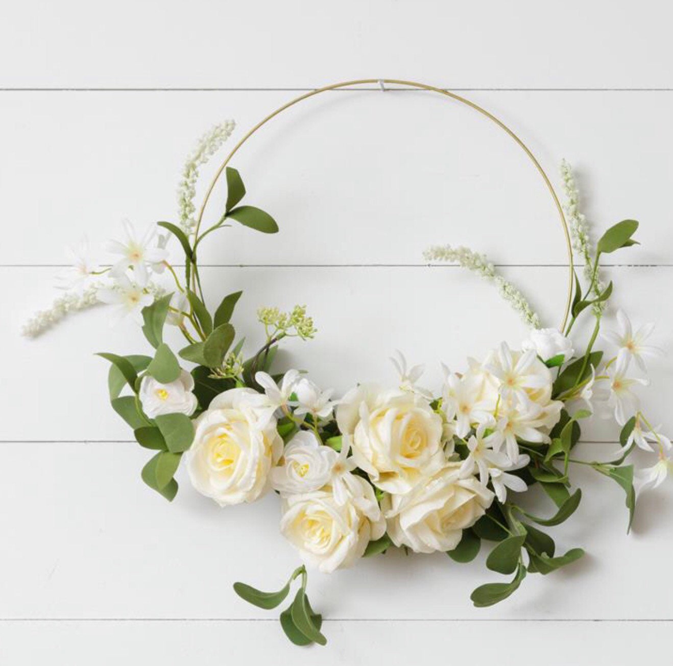 Wreath - Gold Hoop, Cream Rose, White Asst Flowers, Foliage
