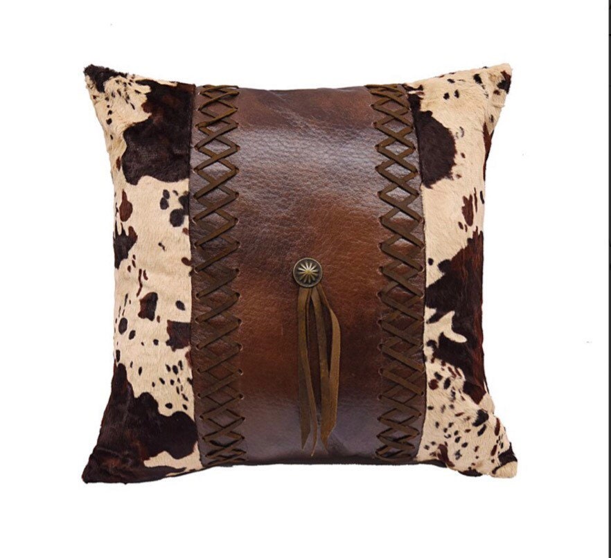 Cowhide & Concho Throw Pillow w / Laced Faux Leather