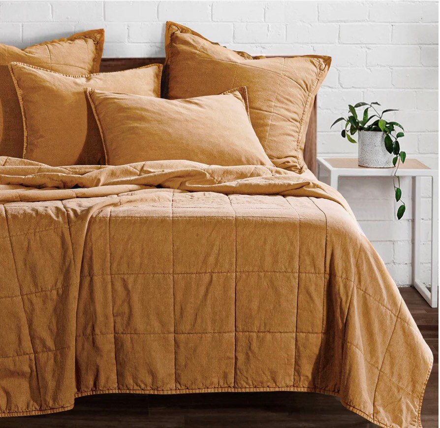 Stonewashed Cotton Canvas Coverlet Queen Size Terracotta