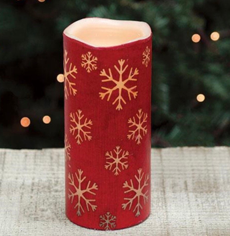 Red Snowflake Print LED Pillar 3” x 6” NEW