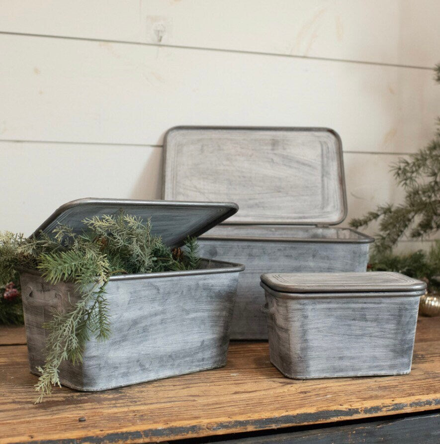 1- SET/ 3 Whitewashed Metal BinsW/ LIDS New