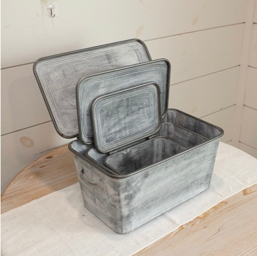1- SET/ 3 Whitewashed Metal BinsW/ LIDS New