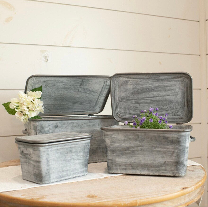 1- SET/ 3 Whitewashed Metal BinsW/ LIDS New