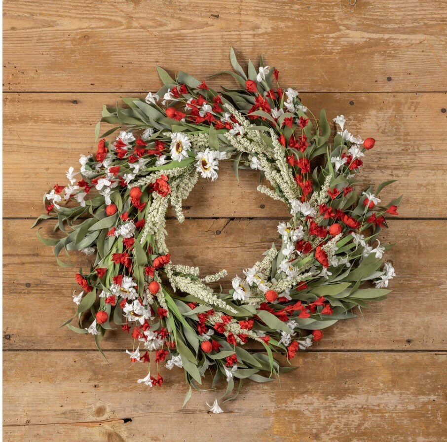 20” White Daisy & Red Heather Wreath New