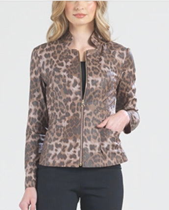 Cheetah Liquid Leather Center Zip Jacket w/ Slit Front Pockets——XS