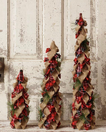 Burlap And Red Plaid Christmas Trees! Set of 3!