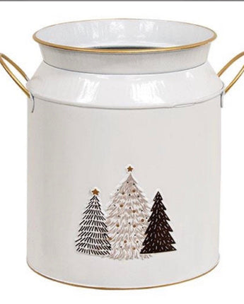 White & Gold Handle Milk Can w/Tree Embossed Accent! New