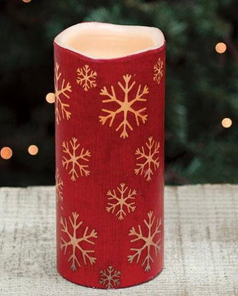 Red Snowflake Print LED Pillar 3” x 6” NEW
