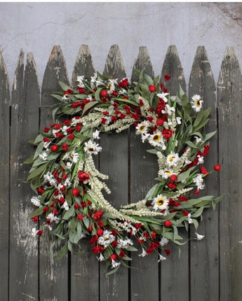 20” White Daisy & Red Heather Wreath New