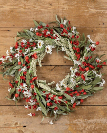 20” White Daisy & Red Heather Wreath New